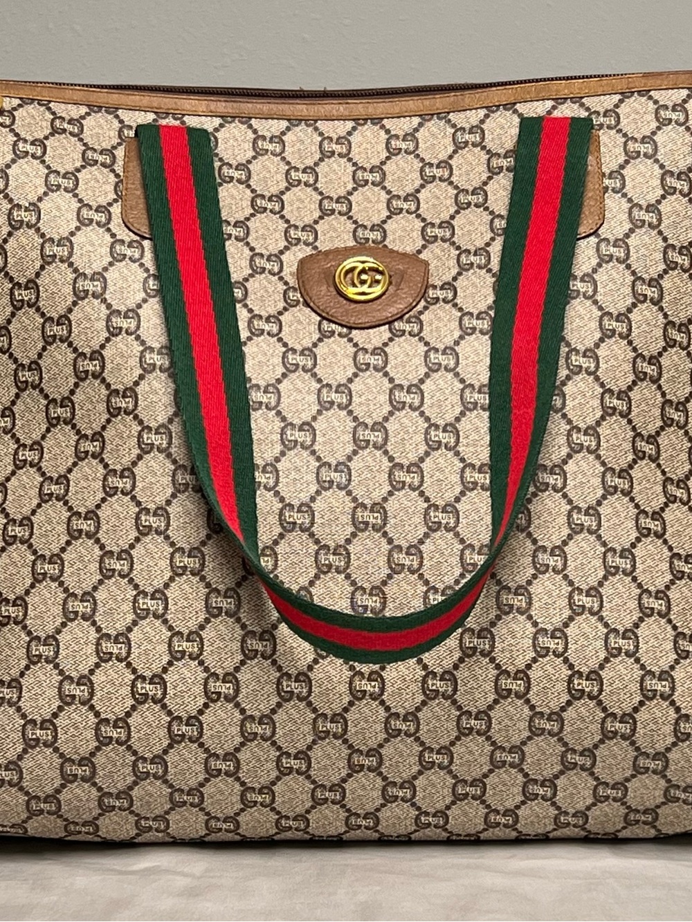 Gucci Beige GG Canvas Tote with Green and Red Web Straps